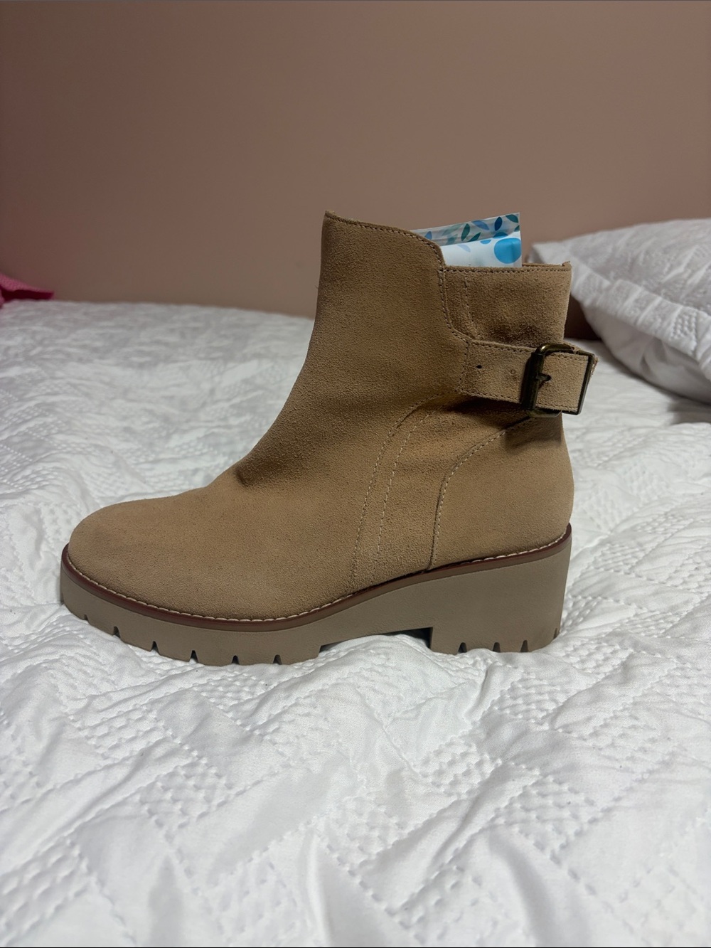 Blondo Tan Suede Buckle Lug Sole Ankle Boot